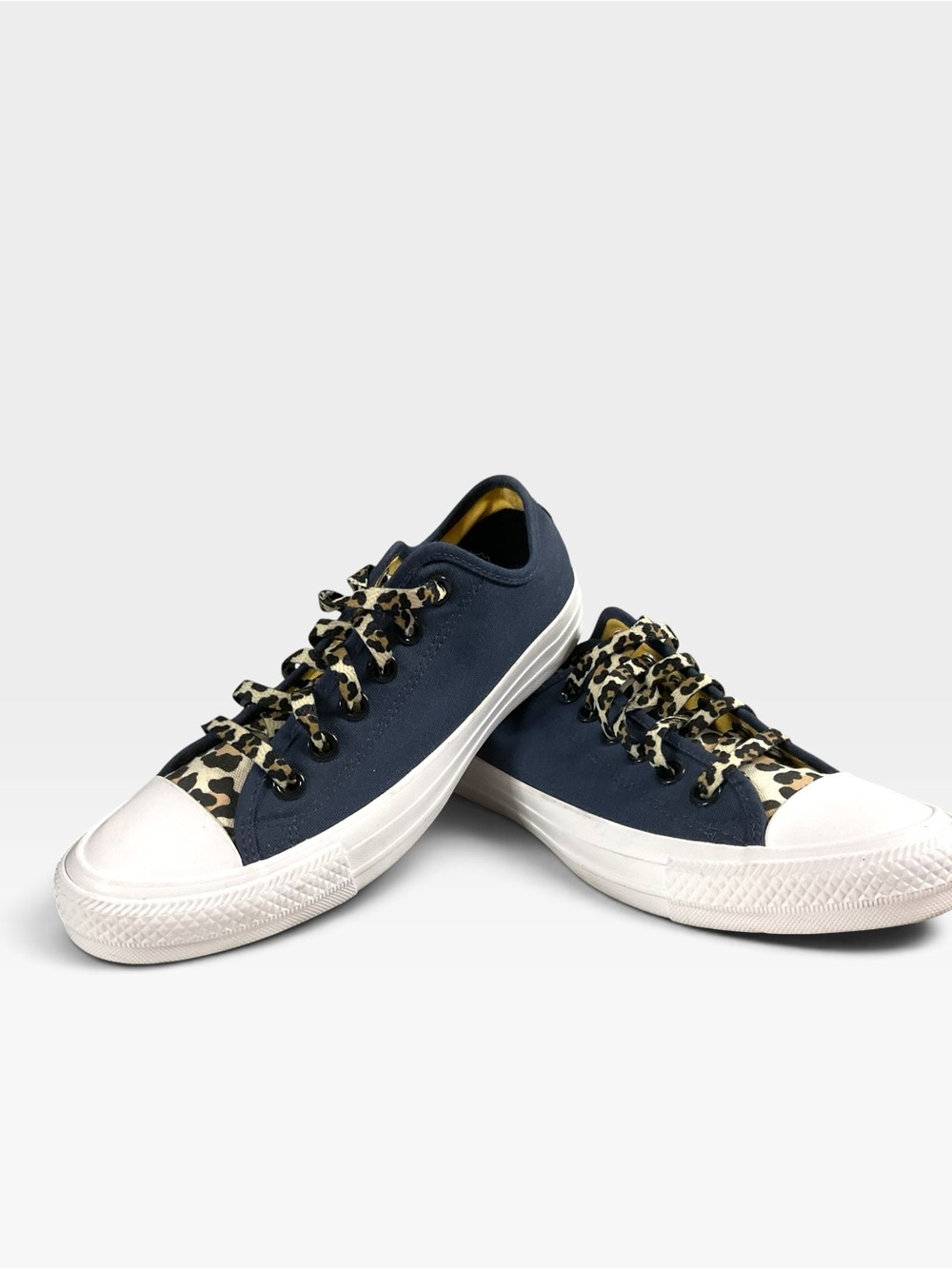 Converse Women's Size 7 Navy Canvas Low-Top Sneakers with Leopard Print Details